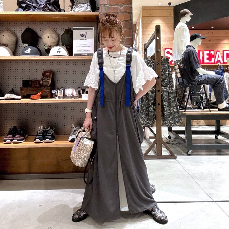 Early Autumn Japanese Style N Workwear Style Multi-Way Double-Ended Zipper Design Layered Draped Drawstring Waist-Cinching Suspender Dress