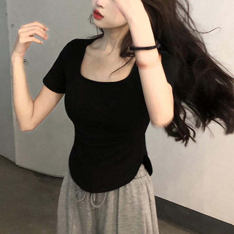 Black Square-Neck Short-Sleeve T-Shirt for Women, Pure Cotton, Short U-Neck Summer Top, Irregular Inner Wear, Regular Shoulder, Slim Fit, Niche Style