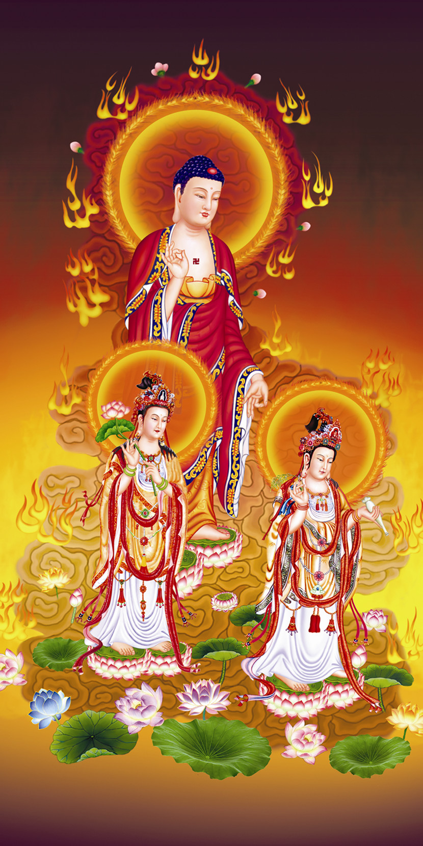 Tie-edge West Three Holy Buddha Statue Scrolls for a True Silk Silk Cloth Portrait 35x60cm
