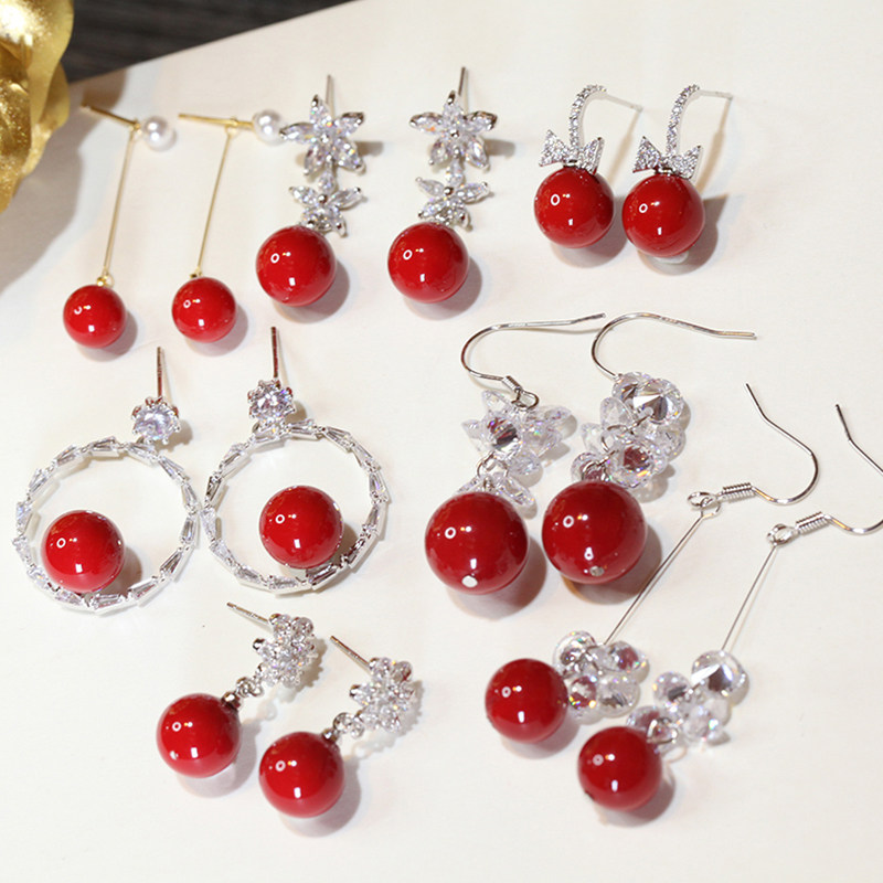 925 Sterling Silver Stud Earrings Red Pearl Stud Earrings Long Earrings Benming Year Earrings Sweet Fashion Versatile Bridal Earrings