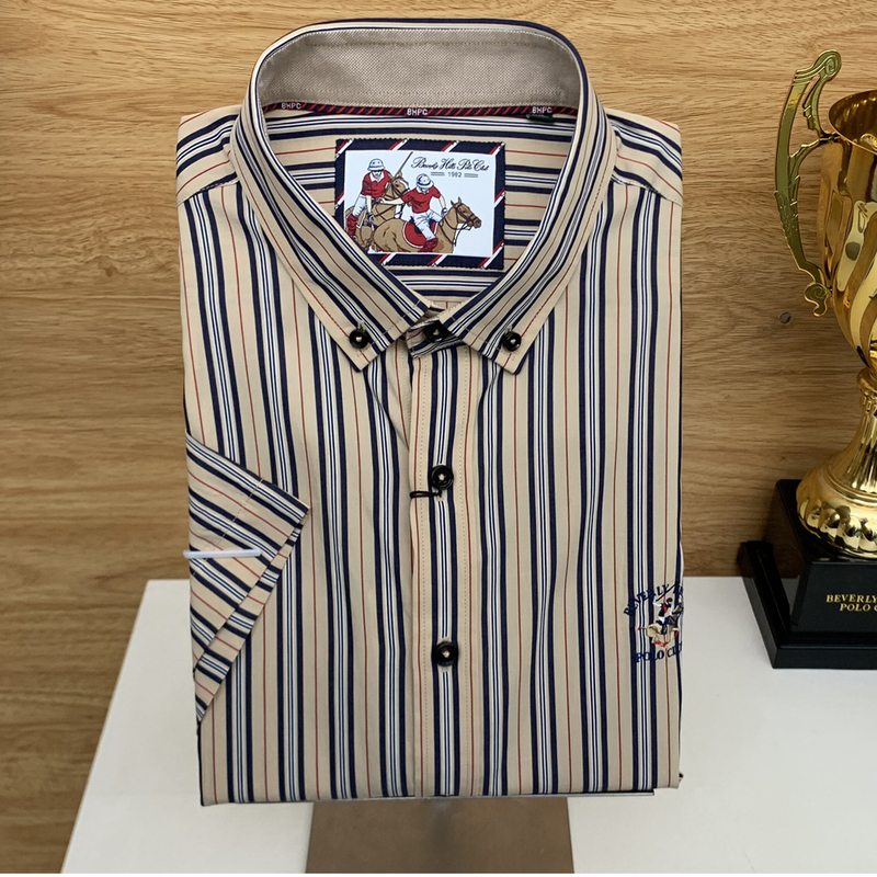 (Refreshing and Cool) Bihali Paul Men's Short-Sleeved Shirt Summer Shirt Pure Cotton Khaki Stripess Genuine