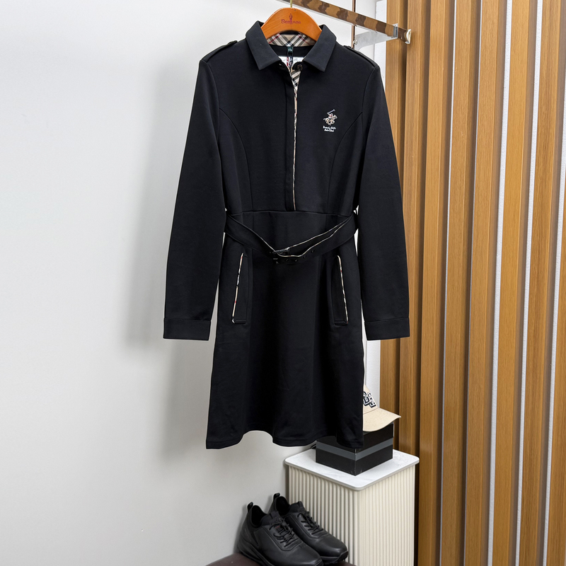 Beverly Polo Women's Autumn and Winter Cotton Comfortable Mid-Length Black Fashionable Polo Collar Dress