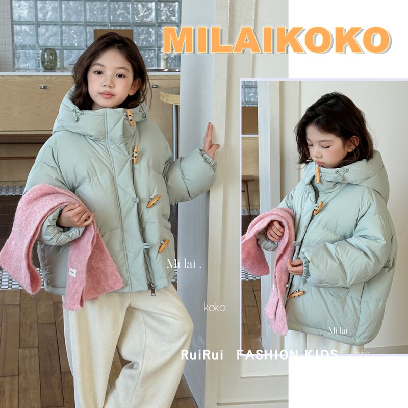 Milaikoko Children's Clothing 2025 Winter New Style Girls' White Duck down Jacket with Horn Buttons and Hood 188031