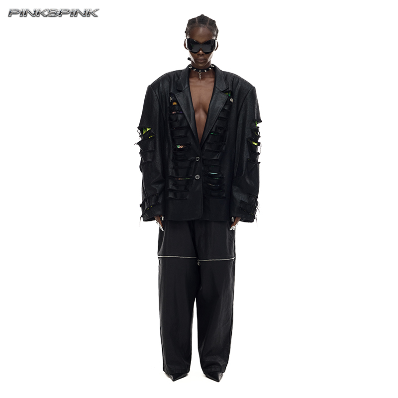 Pinkspink Original Electric Moon Metal-Coated Low-Rise Straight-Leg Unisex Loose Y2K Zipper Straight-Leg Pants