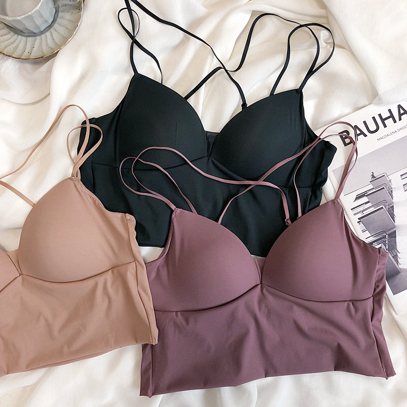 Spring and summer sexy and comfortable mulberry silk inside V-neck triangle cup suspender beauty back underwear gathered bra outside wear base