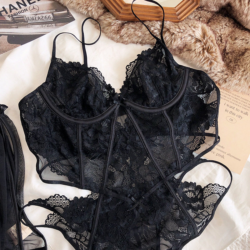 Lace jumpsuit underwear can be separated short sarong sexy ultra-thin soft  steel ring bra hollow lace lingerie