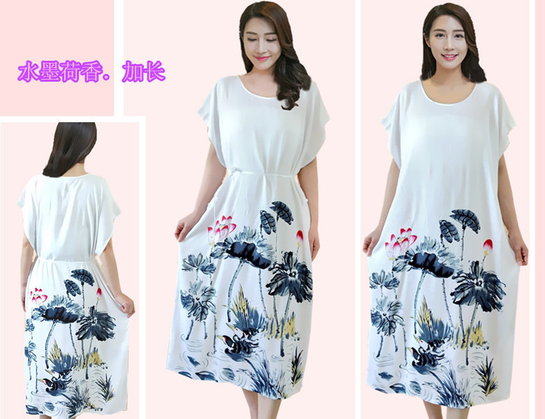 White & Ink Lotus - LongerIncrease fertilizer Nightdress female summer Short sleeve middle age mom Pure cotton silk pregnant woman Fat mm pajamas Can be worn out leisure wear thin