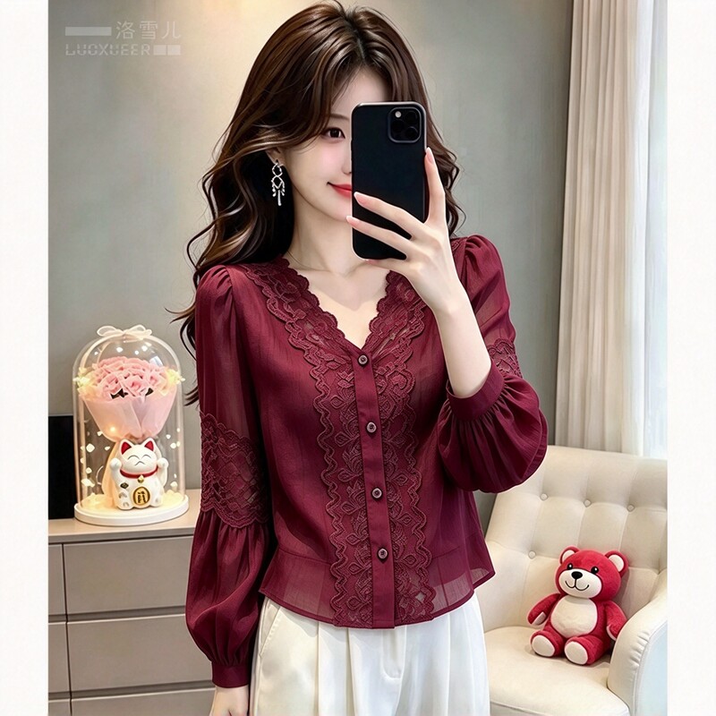 2026 Autumn New Red Lace Patchwork Shirt for Women, Elegant Long Sleeve Loose Fashion Slimming Top Trend 2026 Autumn New Red Lace Patchwork Shirt for Women, Elegant Long Sleeve Loose Fashion Slimming Top Trend