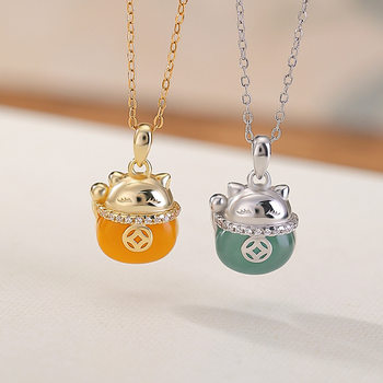 Whole body s925 sterling silver gold-plated dangerous material blue water jade natural beeswax cute lucky cat coin pendant pendant