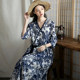 Autumn and winter new Hanfu improved cotton and linen printed long skirt V-neck slim blouse dress women's loose robe