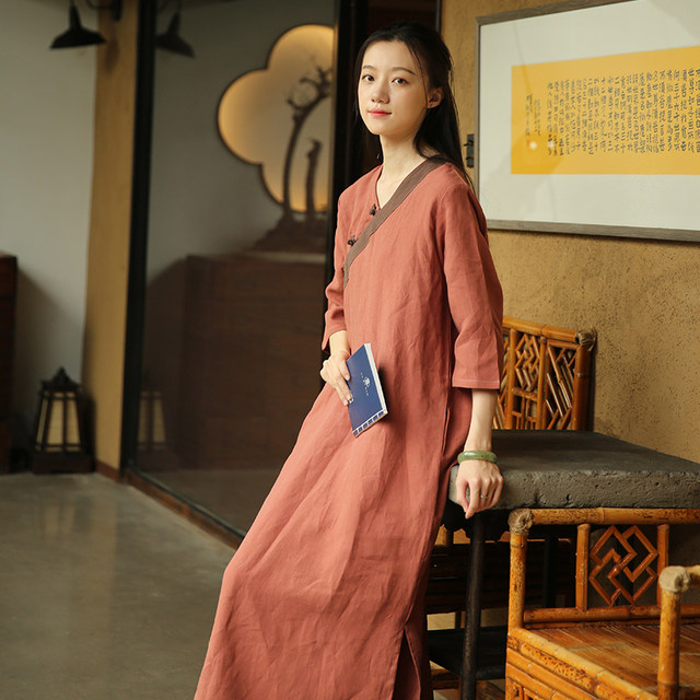 Retro v-neck plate button Zen tea dress Chinese style loose cotton and linen dress summer original gentle long dress summer