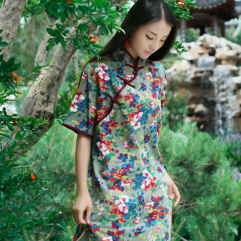 2020 mùa xuân mới của phụ nữ váy rời phong cách retro của Đảng Cộng hòa váy dài Phong cách Trung Quốc cải tiến sườn xám cotton và váy lanh - Váy dài