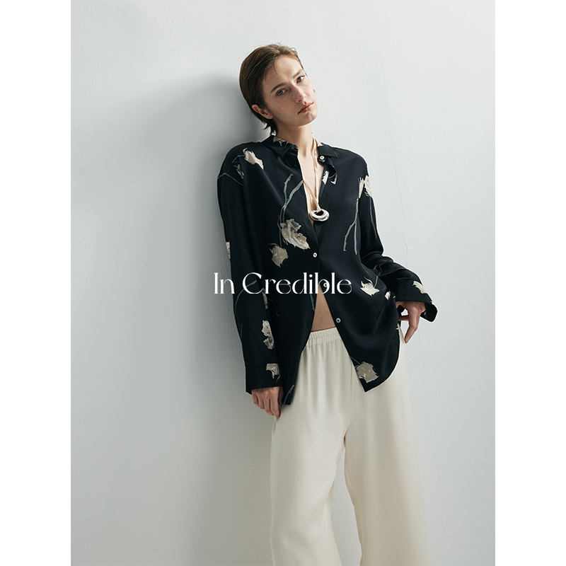 In Credible Black Rose Silk Long-Sleeved Shirt for Women with a Retro Design and Printed Mulberry Silk Ol Top