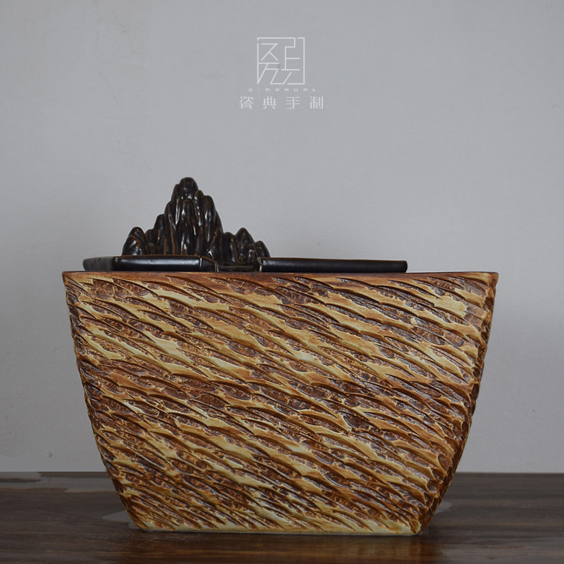 Ceramic fish tank large fish pot lotus tank water lily tank square flowing water ornaments humidification and oxygenation coarse pottery