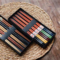 Japan-style minimalist 5 Double-wood-chopstick pointed high-end gift box suit for home natural solid wood tableware non-slip and mildew-proof