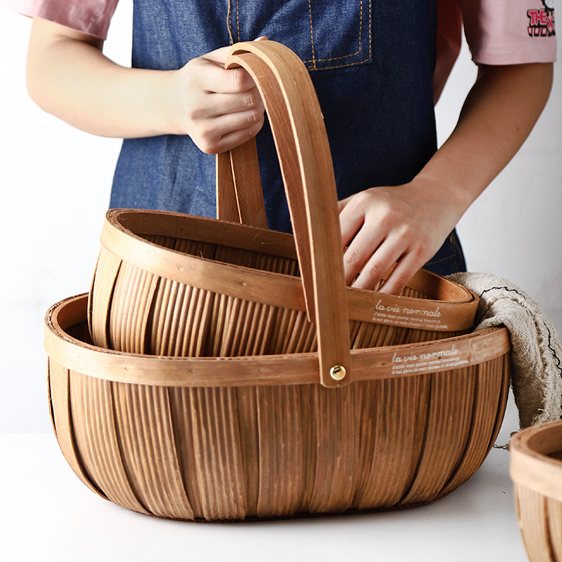Fruit basket wood chip woven snack storage basket bread vegetable basket picnic rattan storage basket round large