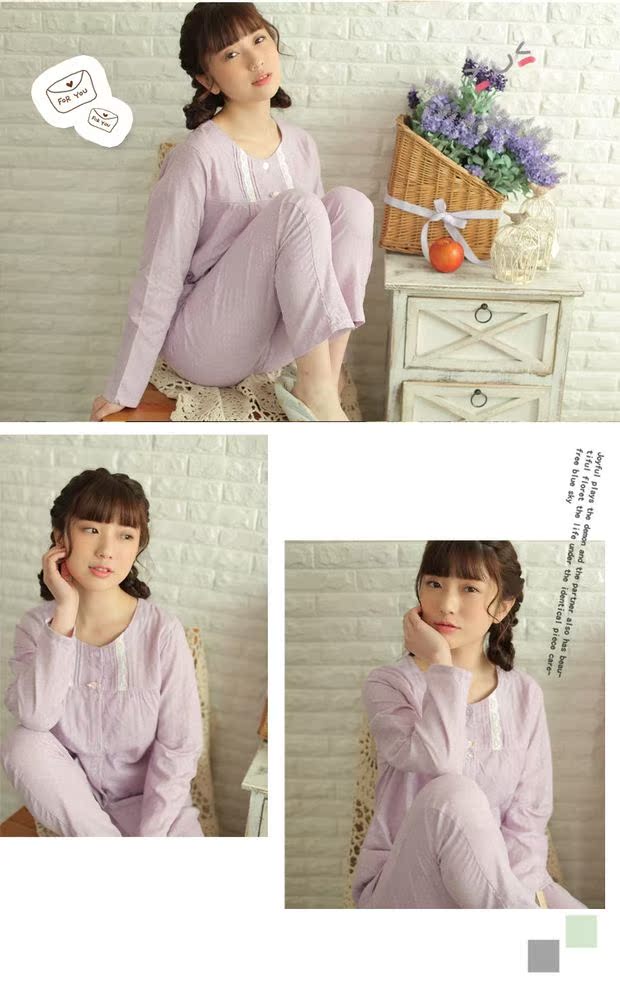 Mùa xuân hè cotton dài tay nữ đồ ngủ đặt cotton đôi gạc tươi XL dịch vụ nhà bình thường đồ bộ mặc nhà bằng vải thun