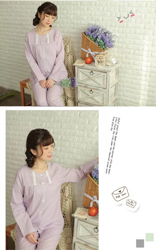 Mùa xuân hè cotton dài tay nữ đồ ngủ đặt cotton đôi gạc tươi XL dịch vụ nhà bình thường