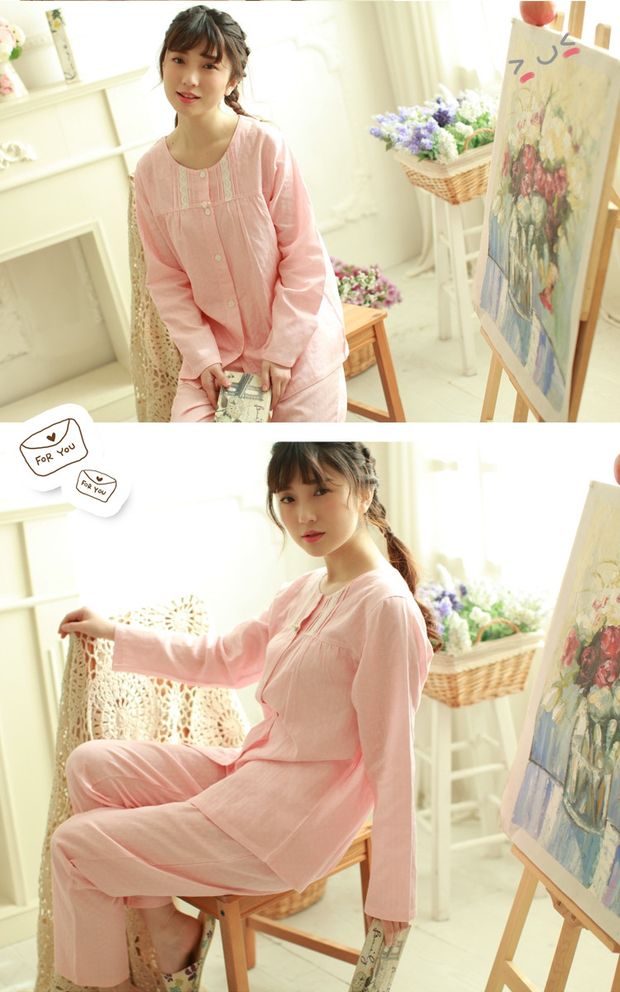 Mùa xuân hè cotton dài tay nữ đồ ngủ đặt cotton đôi gạc tươi XL dịch vụ nhà bình thường đồ bộ mặc nhà bằng vải thun