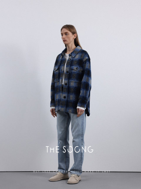 THESOONG classic retro polo collar blue plaid woolen coat autumn and winter loose loose pocket top for women