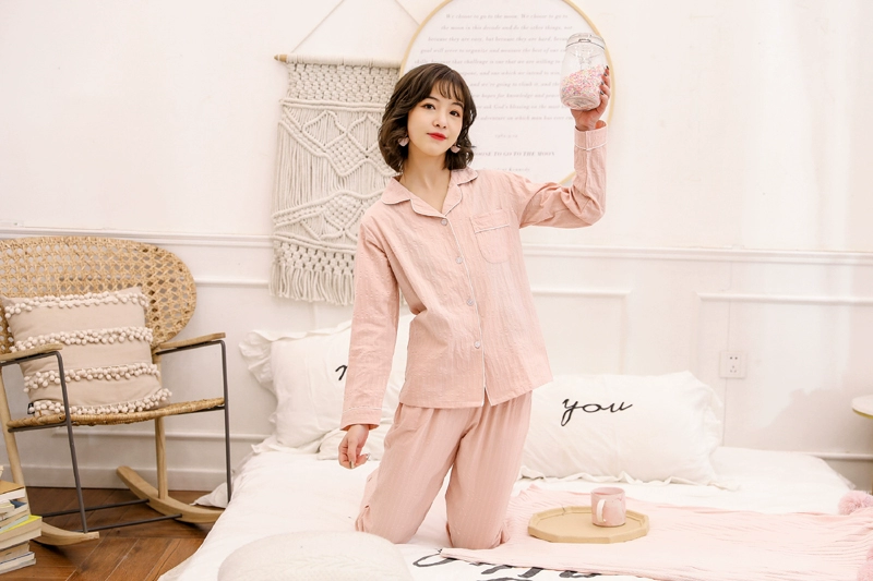 Bộ đồ ngủ cotton cotton đôi mùa xuân và mùa thu lỏng tay dài cotton dệt bông Nam Nhật Bản và phụ nữ dịch vụ nhà phù hợp - Nam giới