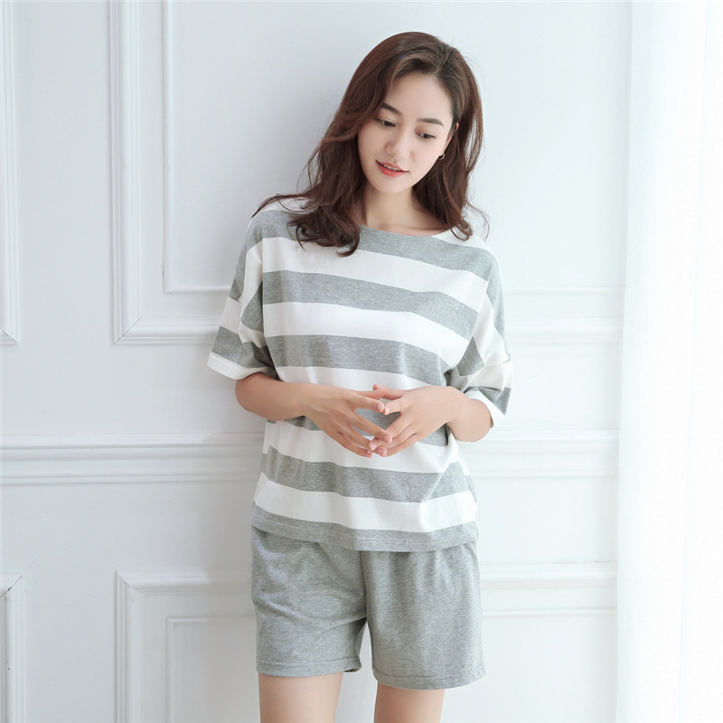 2018 mới đồ ngủ vài mùa hè bông mỏng ngắn tay quần short nam giới và phụ nữ Hàn Quốc phiên bản của sọc nhà dịch vụ phù hợp với đồ bộ mùa hè cho nam nữ