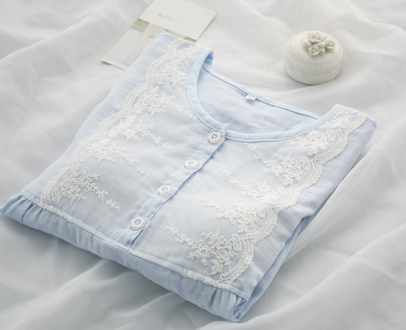 Công chúa Nhật Bản với ngực pad ngắn tay ren nightdress phụ nữ mùa hè bông hai lớp gạc mỏng đồ ngủ nhà dịch vụ