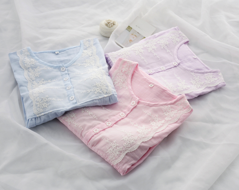 Công chúa Nhật Bản với ngực pad ngắn tay ren nightdress phụ nữ mùa hè bông hai lớp gạc mỏng đồ ngủ nhà dịch vụ