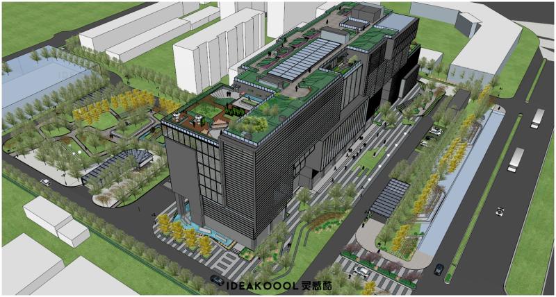 现代风办公园区景观铺装广场洽谈休闲花园建筑SU模型丨