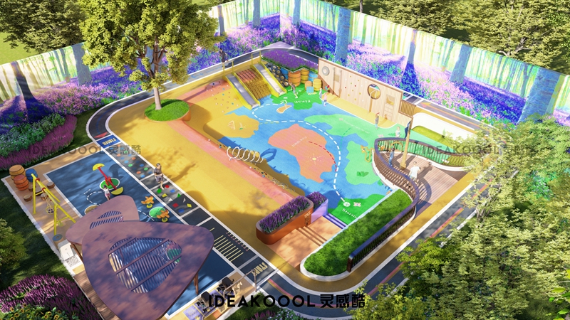 儿童活动场地跑道滑梯地图铺装廊架景墙SU模型丨