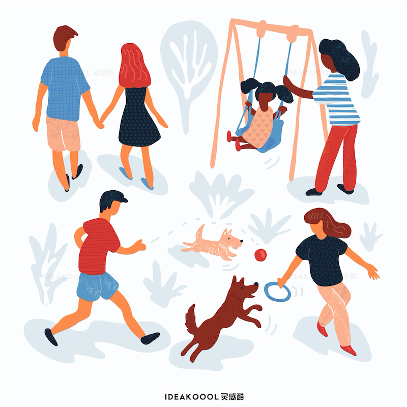 免扣丨公园休闲游乐放风筝人物丨