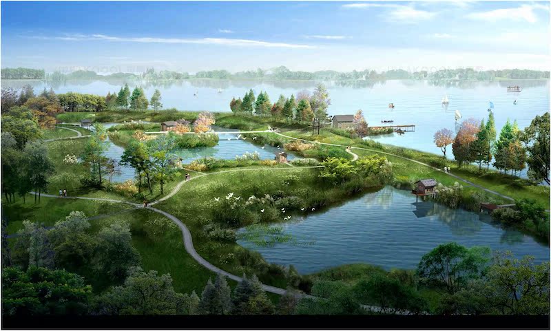 封面-PSD滨水河道驳岸湿地公园景观效果图芦苇木栈道设计丨