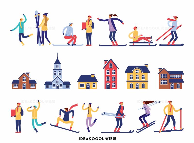 免扣丨冬季散步滑雪运动人物丨