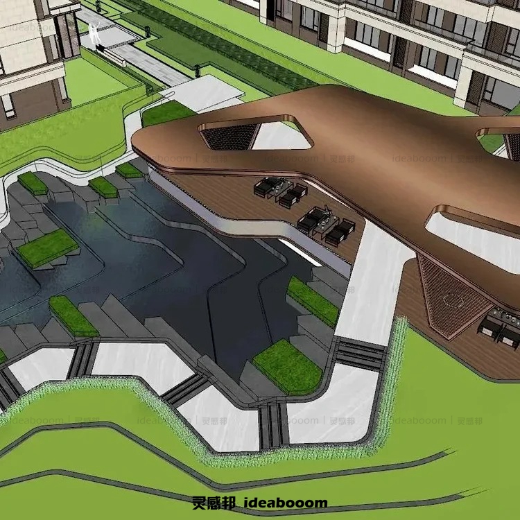 折线式高差处理居住区水院入口儿童场地景观廊架效果图草图SU模型丨