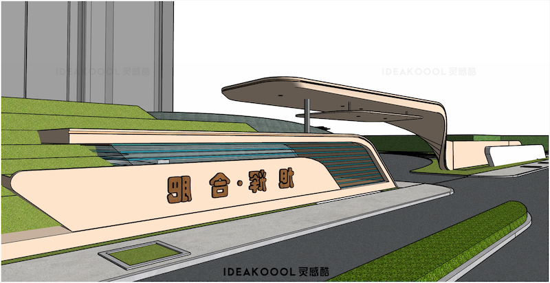 异形曲线风铂悦天汇售楼处展示范区住宅大门景观效果图草图SU模型丨