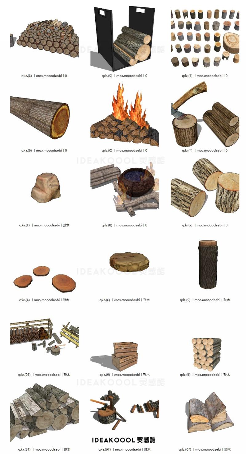 木柴木材枯树叶树枝树干树墩根系年轮树桩SU模型丨