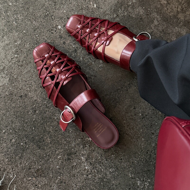 Retro Design Vintage First-Layer Cowhide Flats Slippers Women's Shoes Genuine Leather Toe-Toe Slippers Sandals Cut Out Shoes
