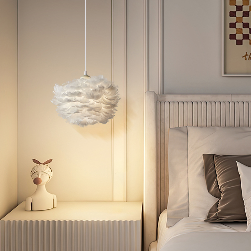 French-Style Small Pendant Light, Bedside Hanging Wire Lamp, Adjustable Cream-Style Master Bedroom Feather Pendant Light, Ambient Background Wall Light