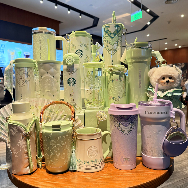 Starbucks Spring Pattern Series Chinese Style Fresh Stainless Steel Insulated Travel Mug with Ceramic Glass Straw