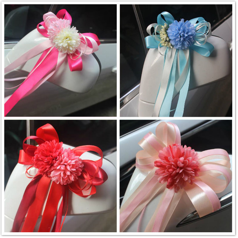 Wedding car embellishment decorative flowers door handle rear view mirror simulation rose ribbon bow secondary car decorative flowers