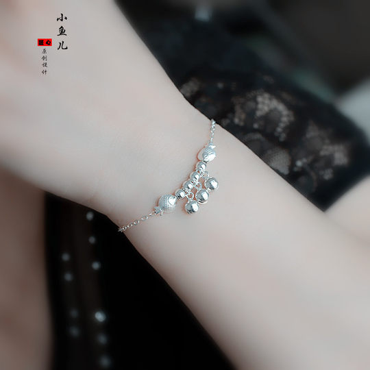 小鱼儿 纯银脚链银鱼999足银铃铛转运珠可调节招财旺事业带财银链