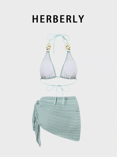 HERBERLY泳装纯欲风小胸绑带聚拢比基尼泡温泉分体泳衣裹裙三件套