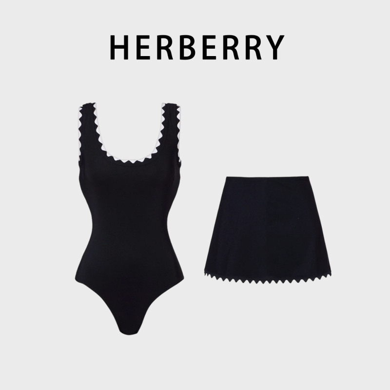 Herberry Swimwear European and American Retro Slimming Round Neck Sexy Bikini Hot Spring Vacation One-Piece Swimsuit Short Skirt
