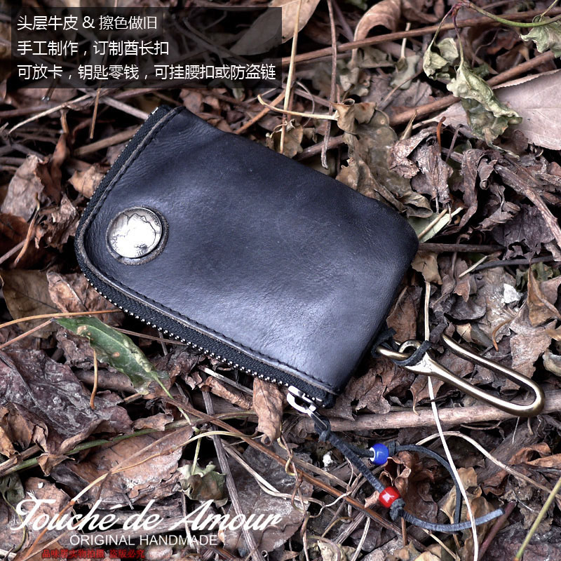 Da retro sáng tạo thủ công da bò da xe điều khiển từ xa túi chìa khóa nam và nữ dây kéo ví ví tiền xu - Trường hợp chính móc khóa ví tiền