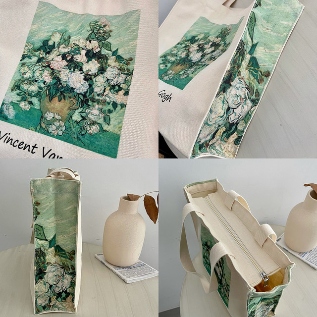 Van Gogh Rose Oil Painting Canvas Bag ຄວາມອາດສາມາດຂະຫນາດໃຫຍ່ Portable Versatile Shopping Bag Zipper Shoulder Bag Man and Female Student School Bag