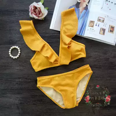 ins retro bikini V-collar small chest gathered high waist two-piece belly thin fairy summer seaside Korean swimsuit women