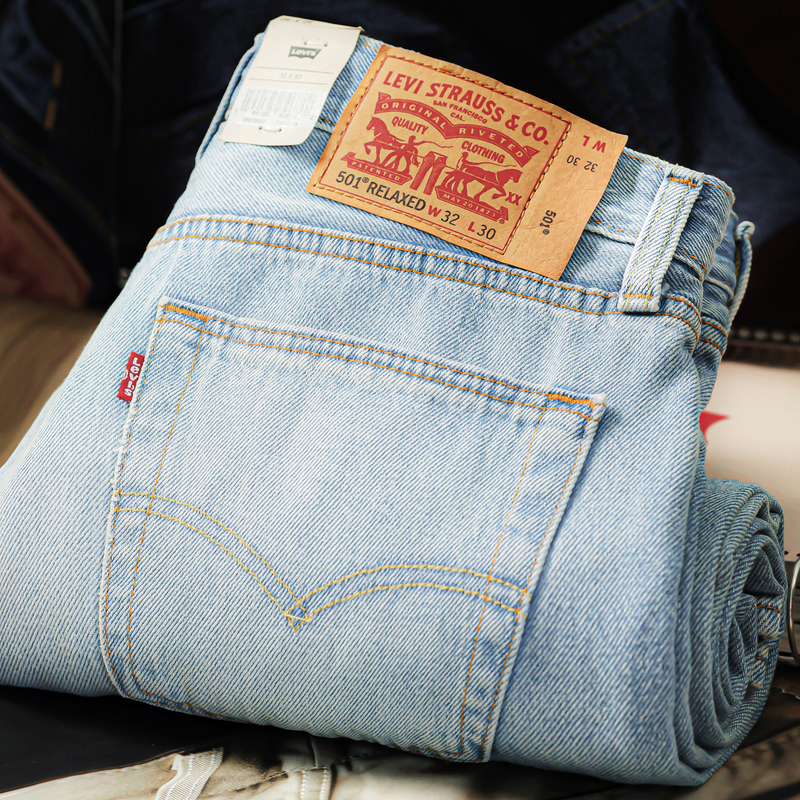 Levis 501 Mid-Rise Loose Straight-Leg Jeans Washed Blue American Retro Long Pants for Men