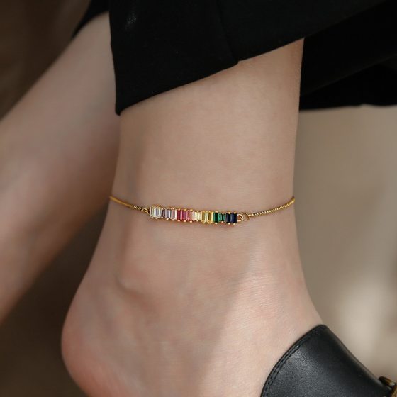 2023 new high-end rainbow rock sugar color crystal-plated 18K gold pull anklet female niche does not fade