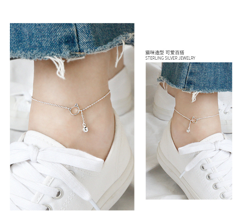 Ưu đãi đặc biệt Toàn thân S925 sterling bạc đơn giản tươi dễ thương mèo con chuông vòng chân nữ sinh trang sức bạc lắc chân nữ titan