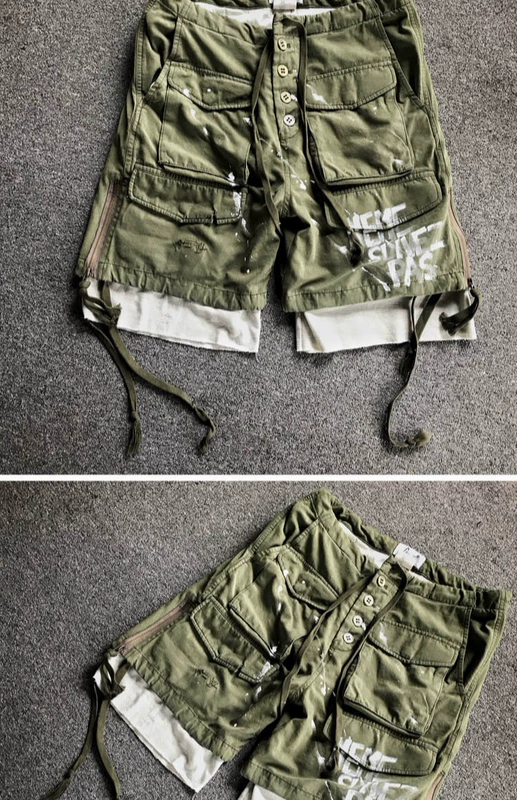 CHAUNK đồng phục GREG quân đội gốc retro lỗ cũ graffiti đôi mùa hè dụng cụ năm quần short nam thủy triều